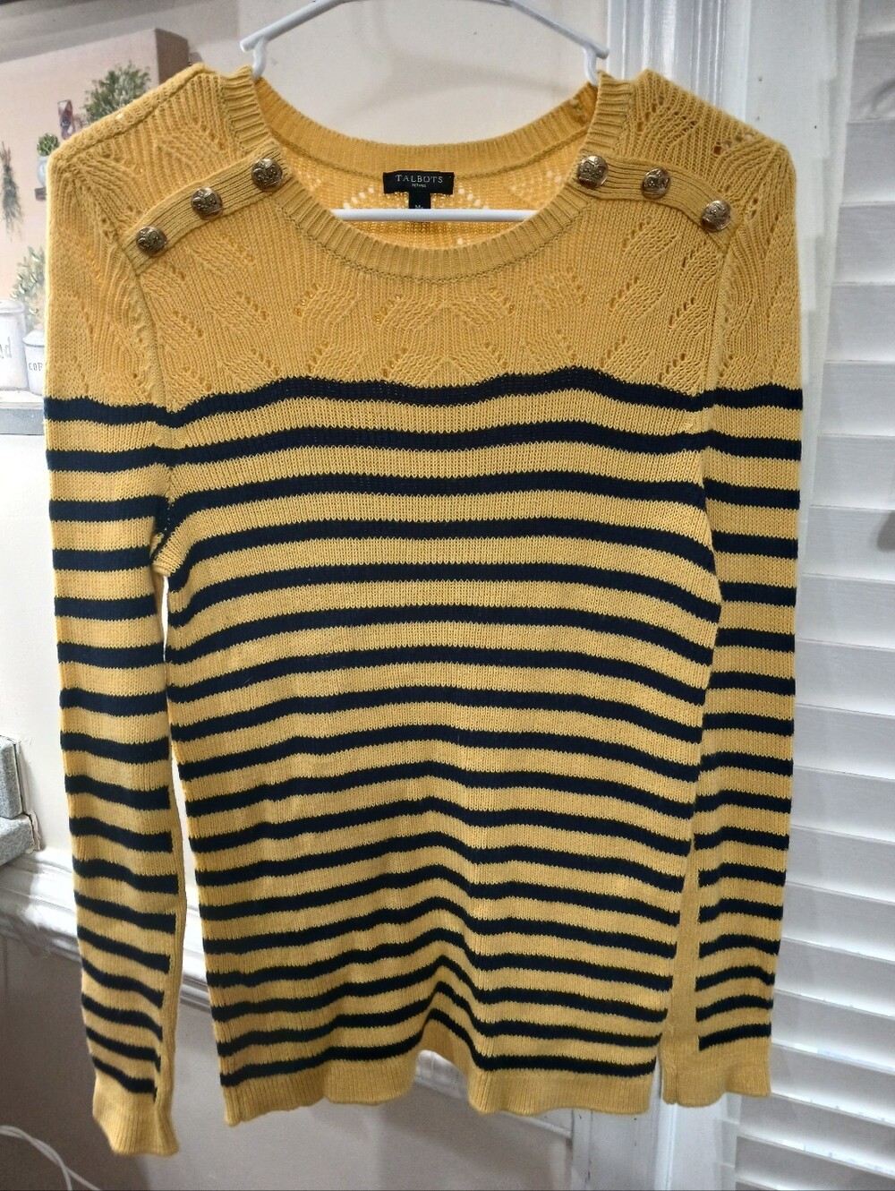 Talbots Petites Cotton Knit Striped Crewneck Button Shoulder Sweater MP